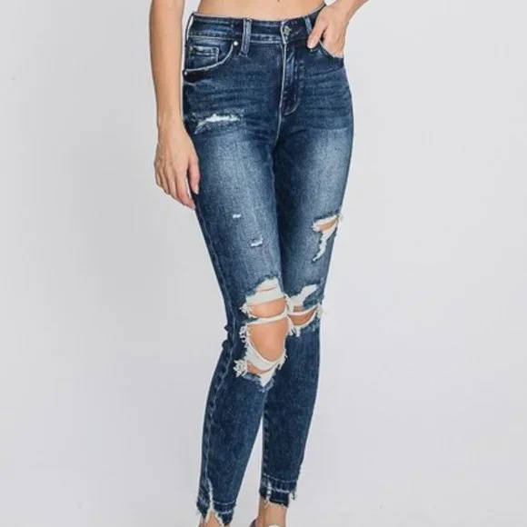High Rise Dark Ankle Skinny Distressed Jeans - Picture 2 of 5